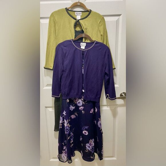 Womens 2 Piece Dress with Sweater Cardigan Size 8 Floral  Lot of 2 Purple Green - Picture 1 of 11